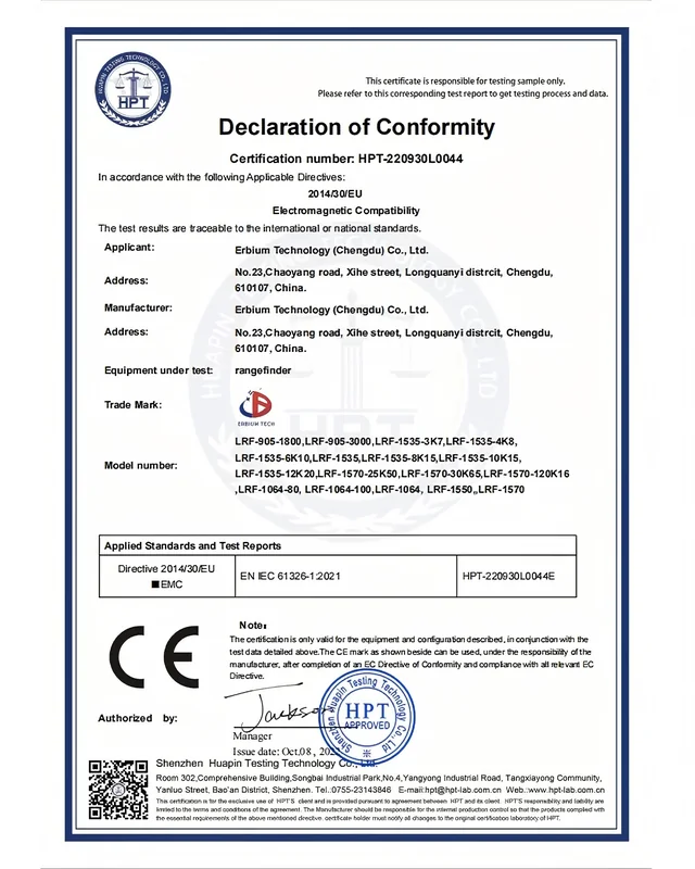 EMC Declaration of Conformity HPT-220930L0044 for Erbium Technology (Chengdu) rangefinder models, directive 2014/30/EU, EN IEC 61326-1:2021