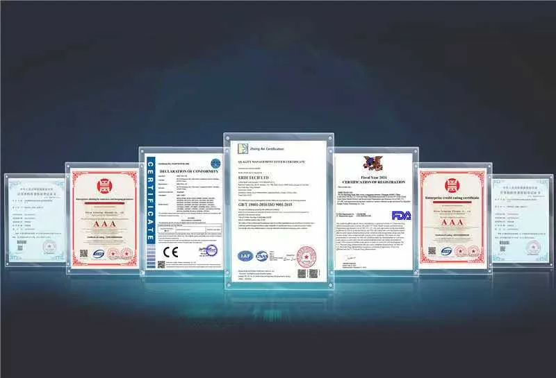 ERDI TECH LTD certificate portfolio: ISO 9001:2015, CE, RoHS, FDA and IEC 60825-1 Class 1 documentation